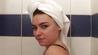 Cute French babe shows her cock-sucking skills in the shower